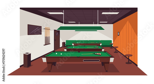 Modern billiards room with pool tables in cozy sports lounge