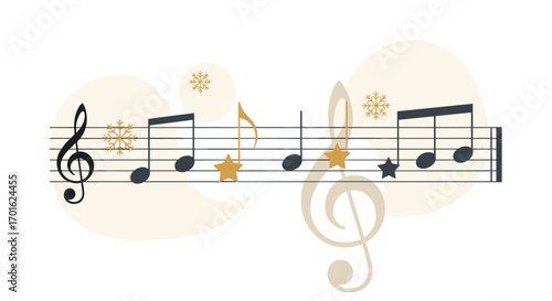 Christmas Music Notes and Symbols on Staff.