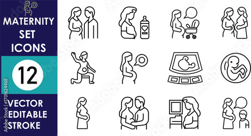 A vector illustration set of 12 maternity icons featuring pregnant women, ultrasound scans, baby bottles, strollers, couples, and medical consultations in minimal editable line art