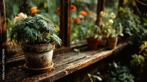 Potted plants on a wooden shelf in a greenhouse or sunroom setting.