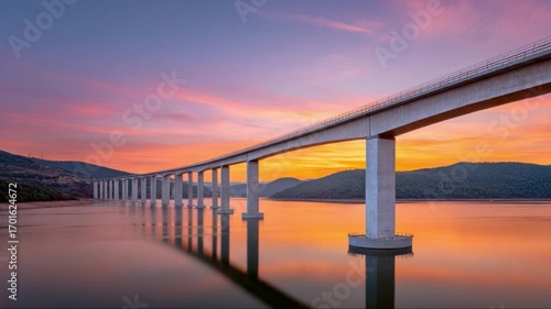 Wallpaper Mural Concrete bridge crossing calm water, mirroring sunset hues with golden light washing over peaceful riverscape under soft pastel sky gradients Torontodigital.ca