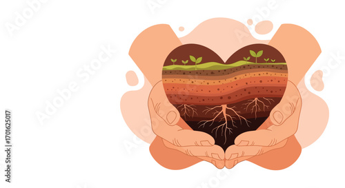 Hands holding a heart shaped soil cross section with plant roots and sprouts.