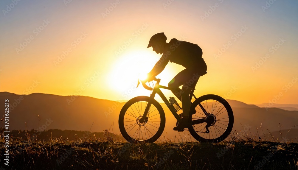 Fototapeta premium Cyclist silhouette cresting a hill at golden hour airy gradient sky and wide copy space clean outdoor background for banner poster and headline