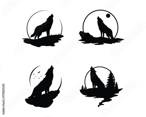 Four distinct black silhouette illustrations of wolves howling at the moon against a white background with textured elements