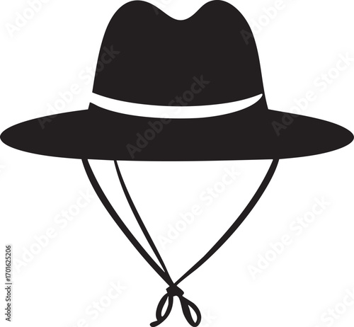 Cowboy hat silhouette black and white illustration with wide brim, chin straps, and band for western fashion and outdoor themes