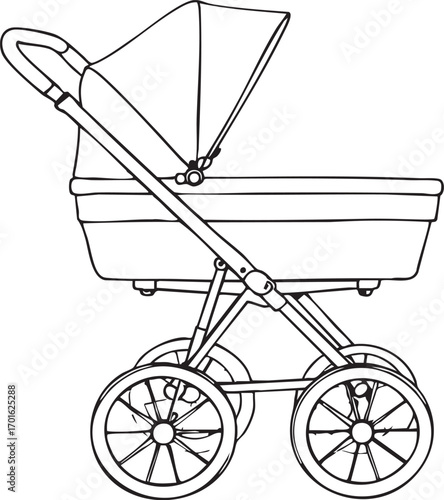 Baby stroller black and white line art illustration with canopy, bassinet seat, handlebar, and spoke wheels for parenting use