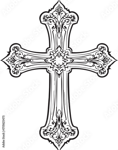 Ornate decorative cross black and white illustration with symmetrical flourishes and gothic leaf motifs for religious themes