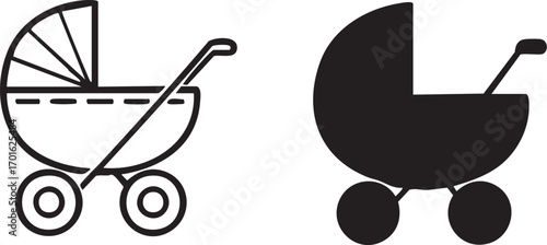 Set of baby stroller icons black and white illustration featuring outline and silhouette styles for parenting and childcare themes