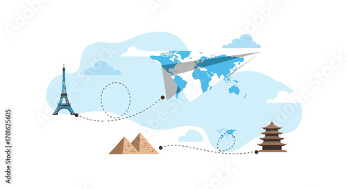 Global Travel Destinations and World Map Illustration.