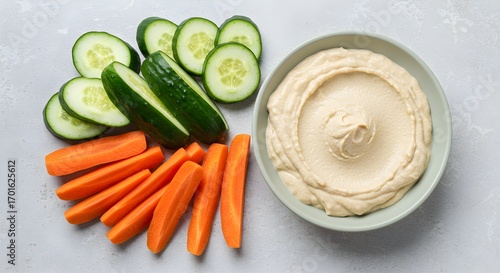 Cucumber and carrot sticks with hummus