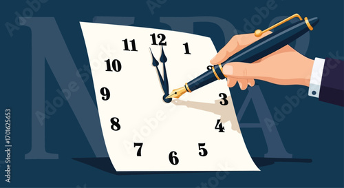 Business person writing on clock face representing time management.