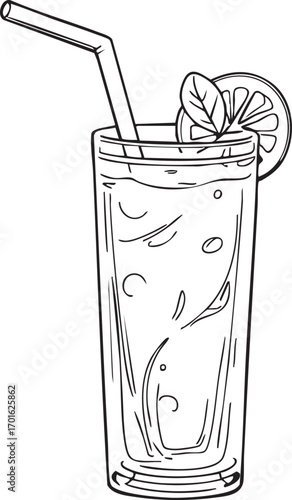 Refreshing drink in tall glass black and white line art illustration with ice cubes, straw, citrus slice, and mint garnish