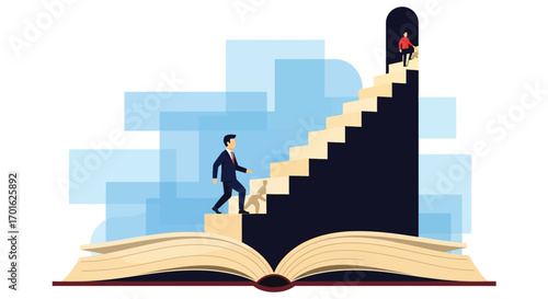 Business man climbing stairs from open book symbolizing education and career growth.