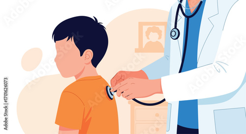 Doctor examining a young boy with a stethoscope, focusing on his back.