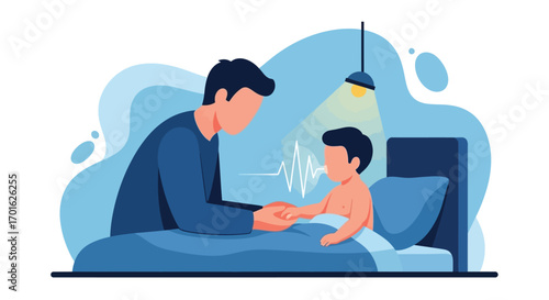 Father comforting his sick child in bed at night.
