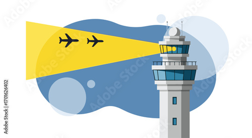 Airport Control Tower Guiding Airplanes with Light Beam.