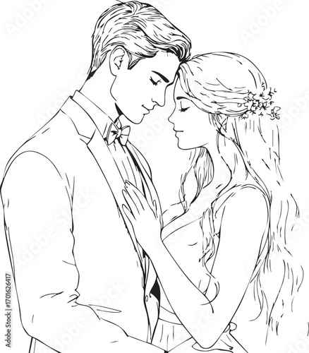 Romantic couple line art black and white illustration featuring intimate pose, floral hair detail, and wedding theme