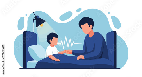 Father comforting sick child in bed at night.