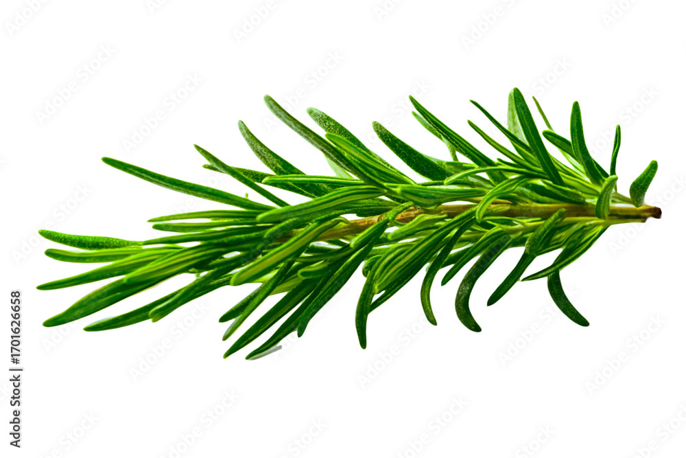 Fototapeta premium Rosemary twig isolated on a transparent background background. Fresh rosemary leaf branch. Herbal spices, hair care, healthy food, cooking design elements. cut out, PNG, top view / flat lay