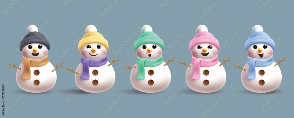 Fototapeta premium Christmas Snowman characters clipart set. Cute Snow man character clip art collection wearing colorful pastel hat and scarf costume with happy, funny, friendly and cute smiling faces for winter