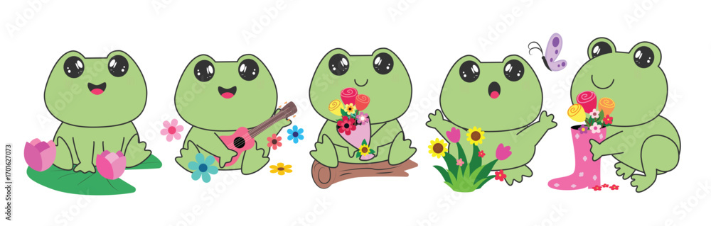 Obraz premium Frog drawing clipart online set. Cute green frog character sitting in leaf, wood, playing guitar, holding bouquet elements clip art in happy and adorable smile hand drawn icon vector illustration.
