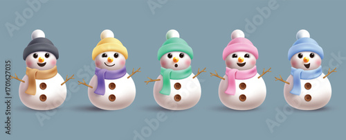 Christmas Snowman characters clipart set. Cute Snow man character clip art collection wearing colorful pastel hat and scarf costume with happy, funny, friendly and cute smiling faces for winter