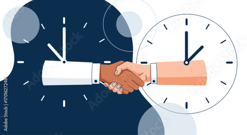 Business people shaking hands in front of clocks symbolizing time management and partnership.