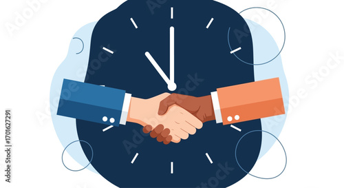 Business handshake in front of a clock face symbolizing timely agreement and partnership.