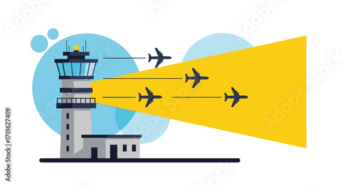 Air Traffic Control Tower Guiding Multiple Airplanes with a Bright Beam.
