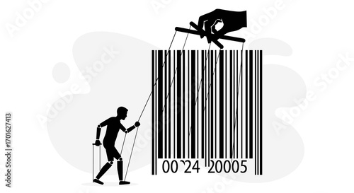 Puppet master controlling barcode with strings.