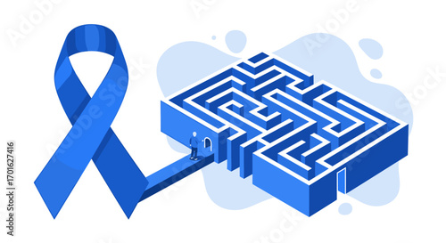 Blue ribbon maze puzzle concept for awareness and challenge.