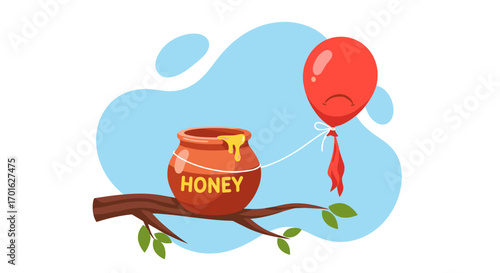Sad balloon tied to honey pot on tree branch.