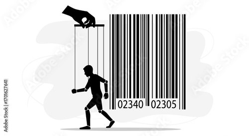 Puppet controlled by barcode represents consumerism and control.