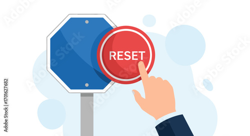 Hand pressing reset button on stop sign concept.