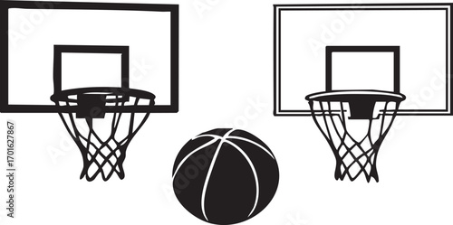 Basketball hoops with ball black and white line art illustration for sports, athletic gear, and game design themes