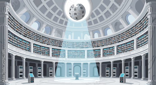 Grand Library Interior with Celestial Orb.