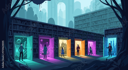 People choosing different doors with colorful lights in a mysterious building.