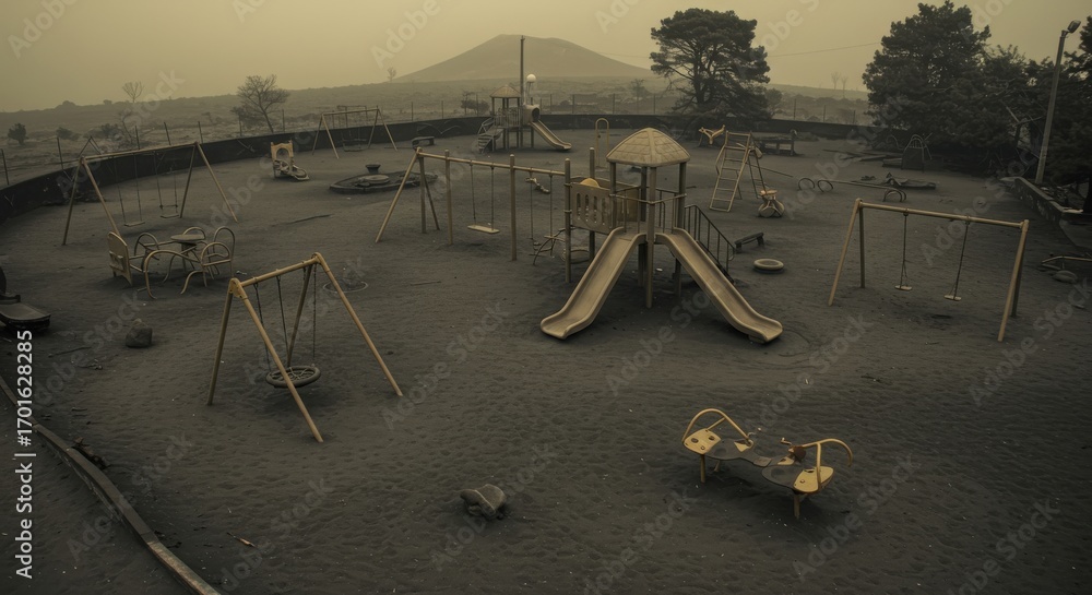 Fototapeta premium Abandoned playground covered in ash with a mountain in the background