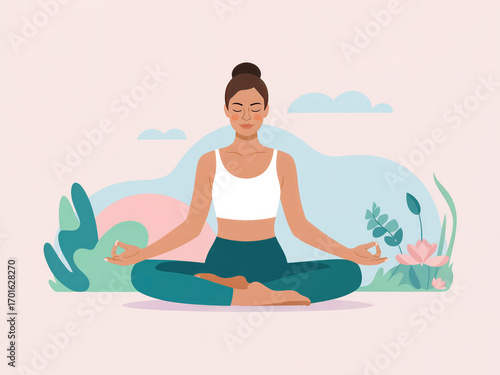 Wallpaper Mural Yoga meditation woman practicing mindfulness and relaxation in lotus pose, flat vector illustration, healthy lifestyle and wellness concept with calm background, peaceful exercise for balance and harm Torontodigital.ca