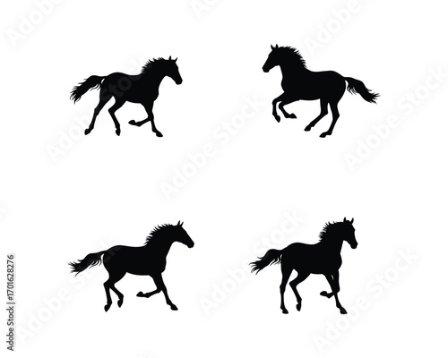 Four silhouettes of horses in full gallop showcasing dynamic movement and graceful poses against a clean white background