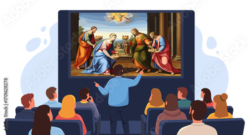 Audience watches a classic painting presentation in a theater.