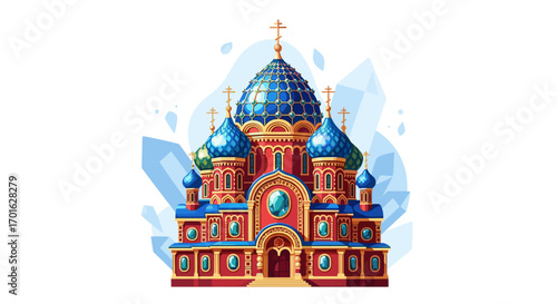 Colorful Russian Orthodox Church with Blue Domes.