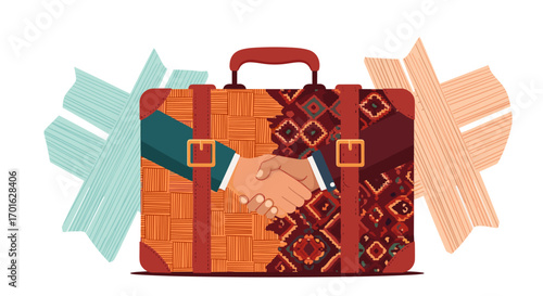 Vintage suitcase with colorful patchwork design and abstract shapes.