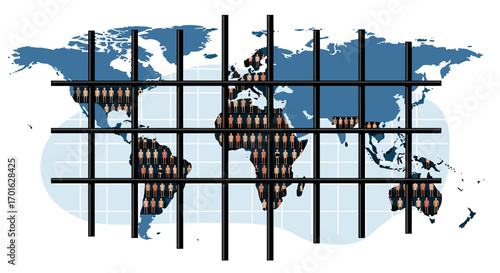 World Map Behind Bars Symbolizing Global Confinement and Restrictions.
