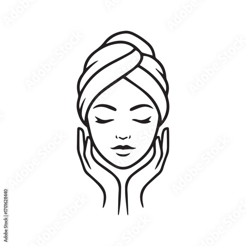 Woman enjoying facial massage, line art icon. Spa, beauty, skincare, and wellness vector illustration.
