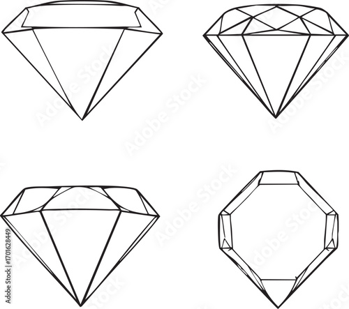 Set of 4 diamond cut designs black and white line art illustration for gemology, jewelry, and luxury product themes