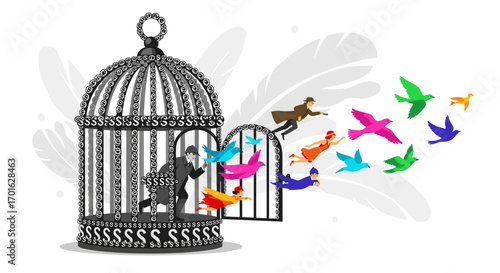 Businessman escaping from a cage with colorful birds flying out.