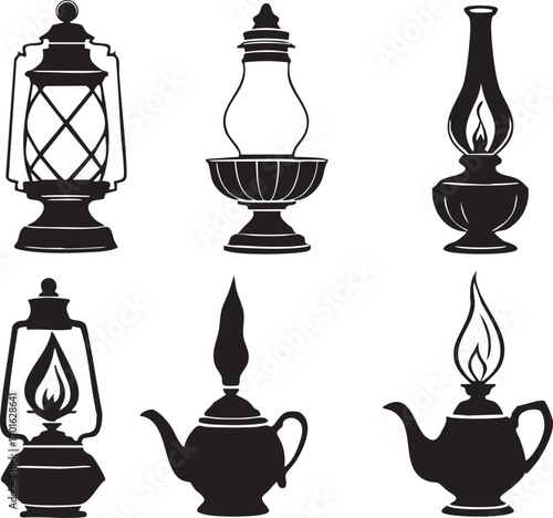 Set of 6 vintage oil lamps and flaming teapots black and white silhouette illustration for antique and decorative design themes