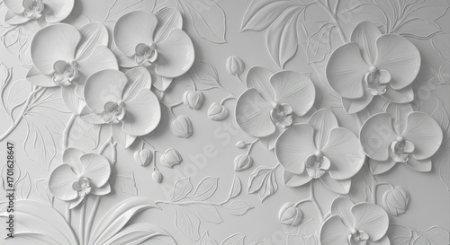Elegant white orchid flower relief sculpture with intricate details and texture