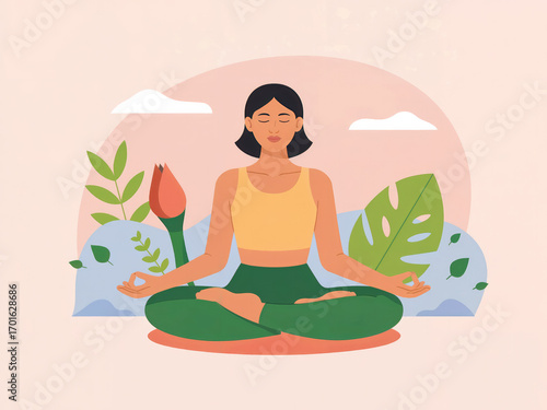 Wallpaper Mural Yoga meditation woman practicing mindfulness and relaxation in lotus pose, flat vector illustration, healthy lifestyle and wellness concept with calm background, peaceful exercise for balance and harm Torontodigital.ca
